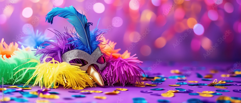 Festive Carnival Mask with Vibrant Feathers and Confetti on Sparkling Background.