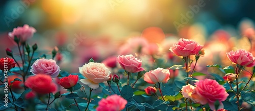 A bunch of colorful flowers, including breathtakingly beautiful rose blossoms, are scattered in the lush green grass of a serene garden setting.