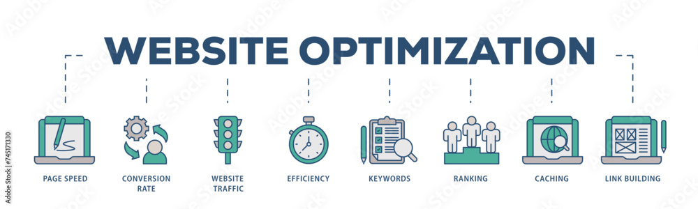 Website optimization icons process structure web banner illustration of page speed, conversion rate, website traffic, efficiency, keywords, ranking, caching icon live stroke and easy to edit Website optimization icons process structure web banner illustration of page speed, conversion rate, website traffic, efficiency, keywords, ranking, caching icon live stroke and easy to edit