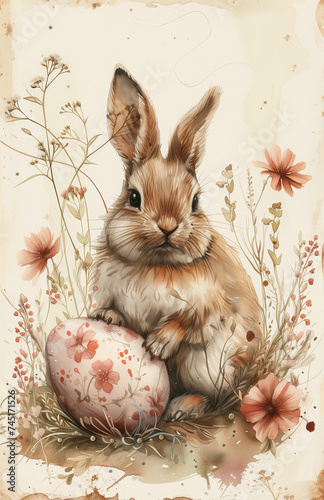 watercolor an easter card, rectangular, rococo style, sepia and pastel colors