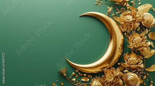 3d gold modern Islamic holiday banner, suitable for Ramadan, Eid Fitri, Eid Adha and Maulid. Moon and ketupat with islamic decor on soft green background. Generative Ai photo