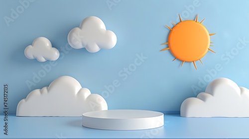 3d rendered cute sun, white clouds, and product display podium. Generative Ai