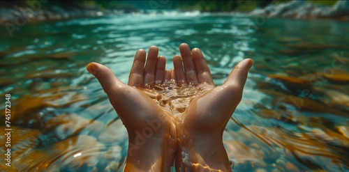 Clear river water in  palms. photo