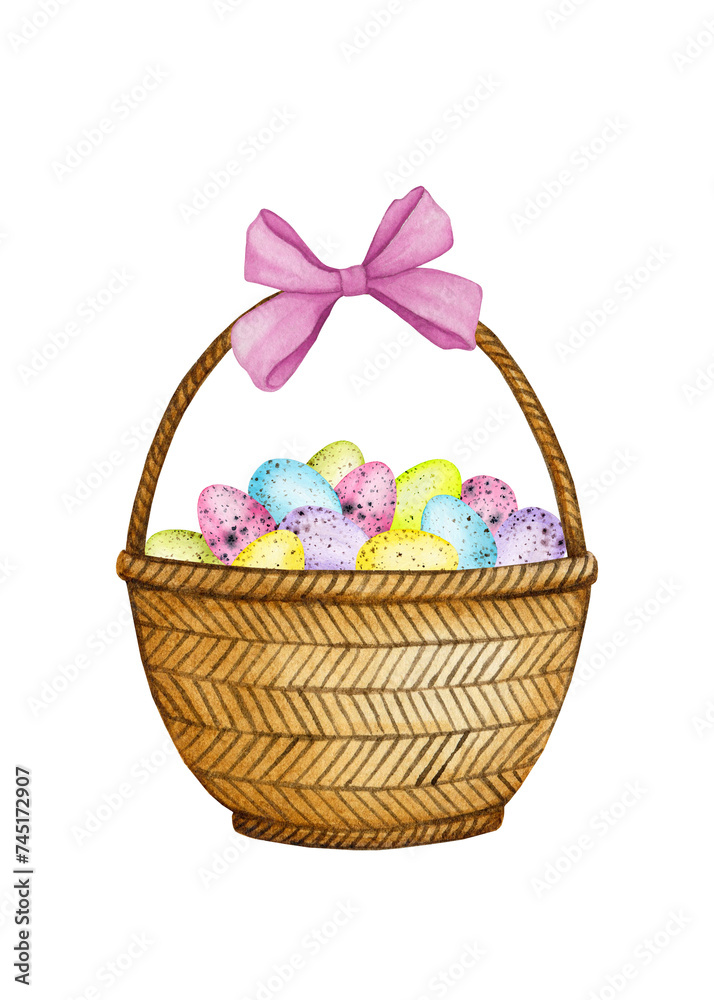 Easter basket with colored eggs. Easter composition. Hand drawn watercolor illustration. Easter, spring, holiday. Design for greeting cards, invitations, posters.
Easter basket with colored eggs. Easter composition. Hand drawn watercolor illustration. Easter, spring, holiday. Design for greeting cards, invitations, posters.