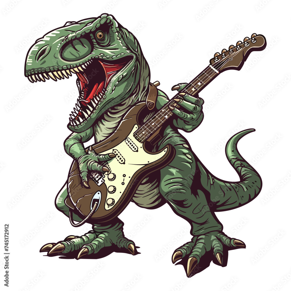 Fototapeta premium A Trex playing an electric guitar in Vector Design, ColorFul Trex, Cartoon Style, Trex Logo