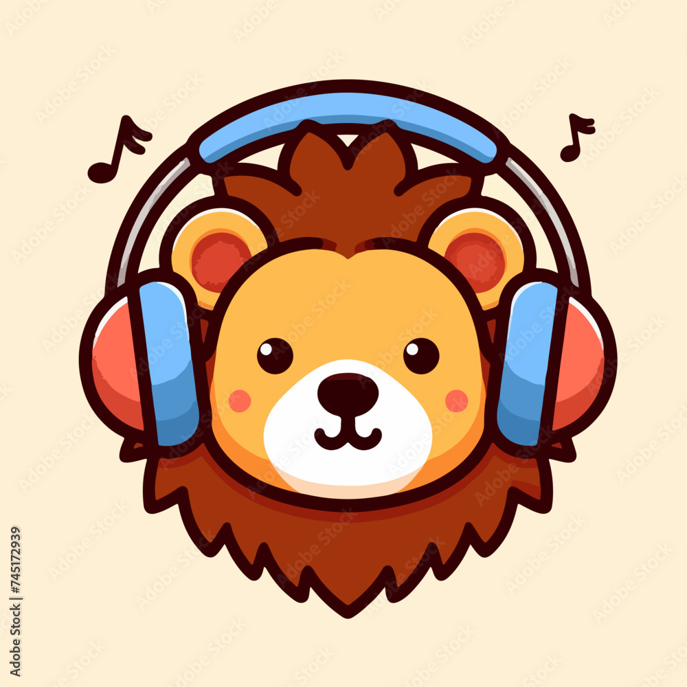 Illustration of lion mascot wearing headphone in flat design animal-tech concept