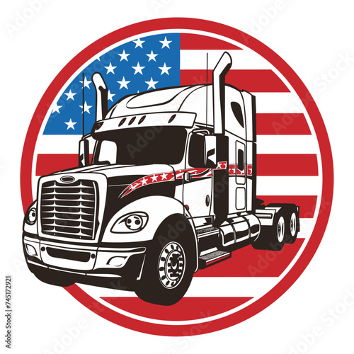 American truck, USA patriotic logo for trucker, USA flag background, vector illustration