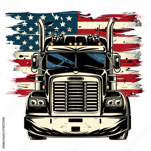 American truck, USA patriotic logo for trucker, USA flag background, vector illustration