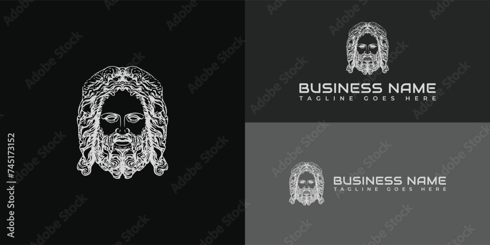 Ancient Greek God Sculpture Philosopher Face like Zeus Triton Neptune with Beard and Mustache applied for clothing and fashion logo design inspiration. The Greek god Zeus Line Art Logo. Ancient Greek Ancient Greek God Sculpture Philosopher Face like Zeus Triton Neptune with Beard and Mustache applied for clothing and fashion logo design inspiration. The Greek god Zeus Line Art Logo. Ancient Greek