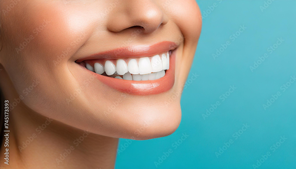 Perfect healthy teeth smile of a young woman. Teeth whitening. Dental clinic patient. Stomatology concept on blue background Perfect healthy teeth smile of a young woman. Teeth whitening. Dental clinic patient. Stomatology concept on blue background