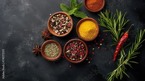 Variety of spices and herbs on a cooking table colorful view