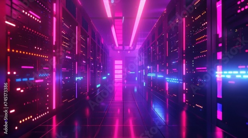 A 3D illustration of a server room featuring programming data design elements, representing the concept of big data storage and cloud computing technology