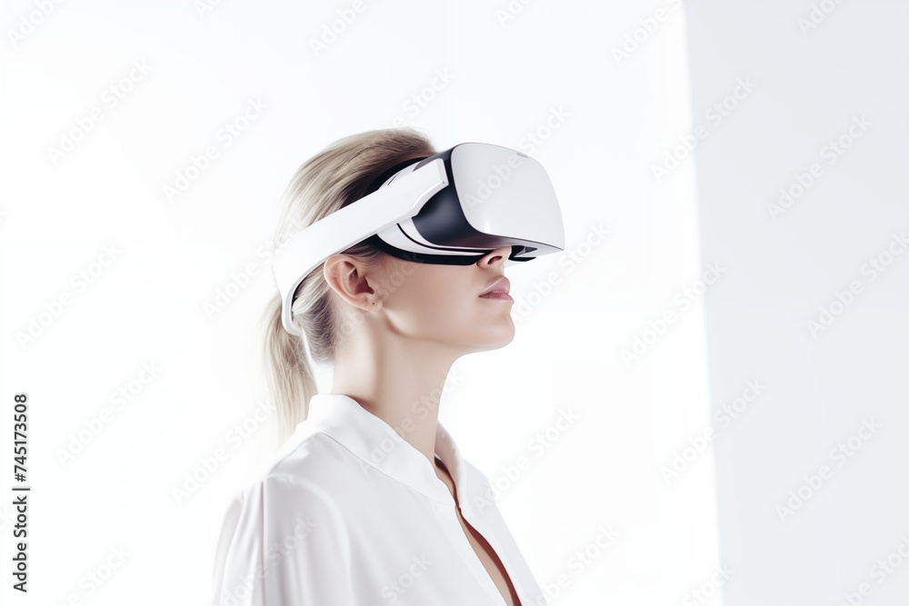 Woman Experiencing Virtual Reality with Smart Glasses, Future Technology Concept Woman Experiencing Virtual Reality with Smart Glasses, Future Technology Concept