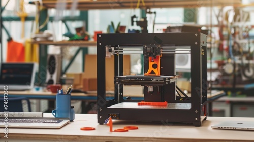 3D maker's workshop, there's an SLA 3D printer and a laptop on the table, representing the concept of 3D printing. Workplace for engineering tasks, including prototyping detailed computer models