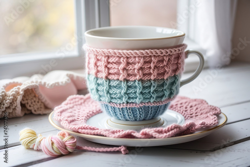 A beautiful cup for tea or coffee, insulated especially for this purpose with a knitted product made from delicately colored yarn