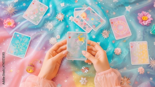 a close up of female hands drawing the tarot cards from the deck. A fortune teller woman doing divination indoors on pastel gradient surface