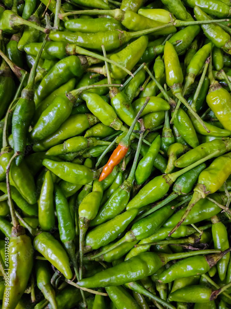 Fresh green cayenne, or Cabe Rawit, is for sale in Jakarta's supermarket, taken from a top-view angle. Fresh green cayenne, or Cabe Rawit, is for sale in Jakarta's supermarket, taken from a top-view angle.