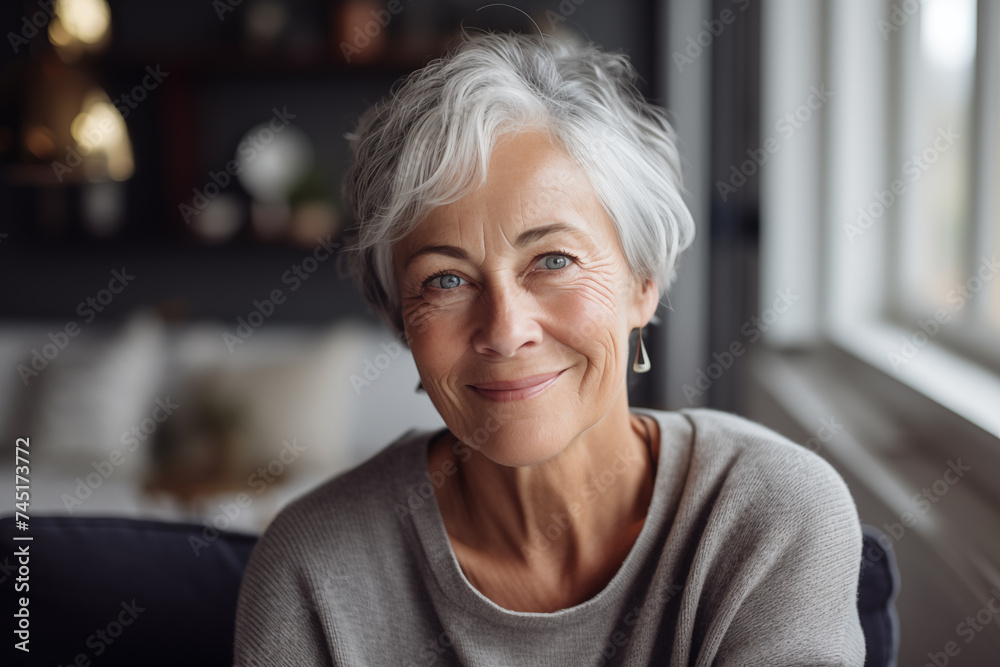 Smiling middle aged woman sitting on sofa at home, single mature senior in living room Smiling middle aged woman sitting on sofa at home, single mature senior in living room