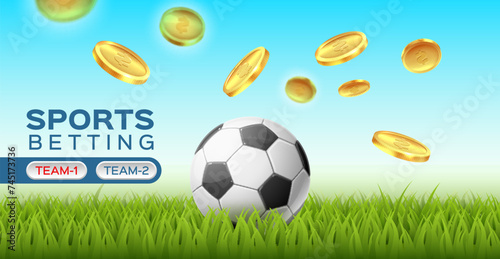 Socker sports betting. Sport field with grass, football ball and falling golden coins. Digital soccer bets, money winning, mobile application or web gambling banner vector concept