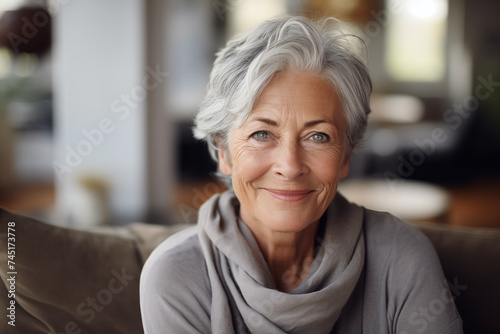 Smiling middle aged woman sitting on sofa at home  single mature senior in living room