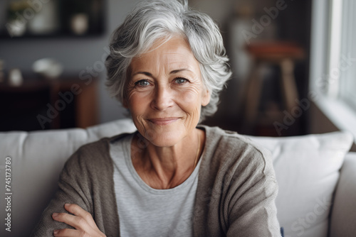 Smiling middle aged woman sitting on sofa at home, single mature senior in living room
