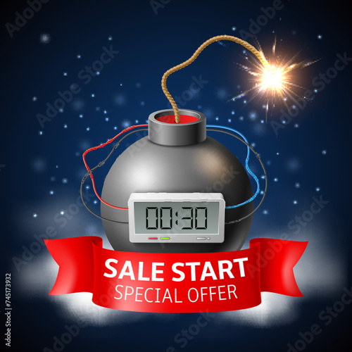 Sales start. Realistic countdown bomb, sale and discount special offer. Promotion banner or flyer design. Promo advertisement poster template. Social media Marketing coupon. Vector concept