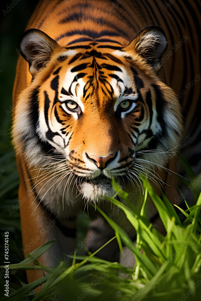 Sunlit Tiger: A Majestic Predator in Its Natural Green Habitat