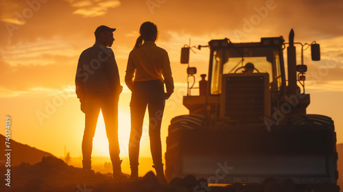 Silhouette of a man and woman at construction site with bulldozer during sunset. Backlit industrial landscape with copy space. Construction industry and development concept for poster, banner.