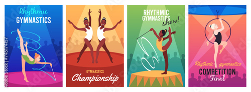 Rhythmic gymnastics. Flexible girls with ribbons and hoops perform at sports competitions, professional athletes, invitation posters on acrobatic performance tidy vector cards, cartoon flat set