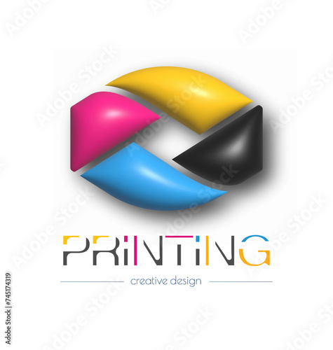 Abstract 3d digital or photo printing logo. Vector template of a brand, logo, sticker or sticker. The idea of creative design and thematic design