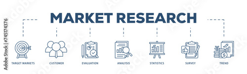 Market research icons process structure web banner illustration of target markets, customer, evaluation, analysis, statistics, survey and trend icon live stroke and easy to edit 