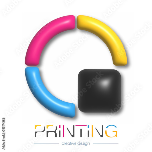 Abstract 3d digital or photo printing logo. Vector template of a brand, logo, sticker or sticker. The idea of creative design and thematic design