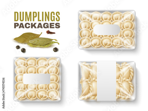 Packages of dumplings. boxes with transparent cellophane, empty blank label, realistic food. Different types frozen products. Varenyky plastic bags packaging design. Vector isolated set