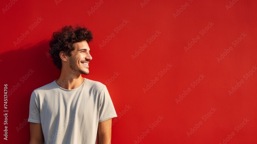 A smiling happy curly-haired young man looks away on a red background with a copy space, walls on a sunny day. A colored background For your Advertisement. A smiling happy curly-haired young man looks away on a red background with a copy space, walls on a sunny day. A colored background For your Advertisement.