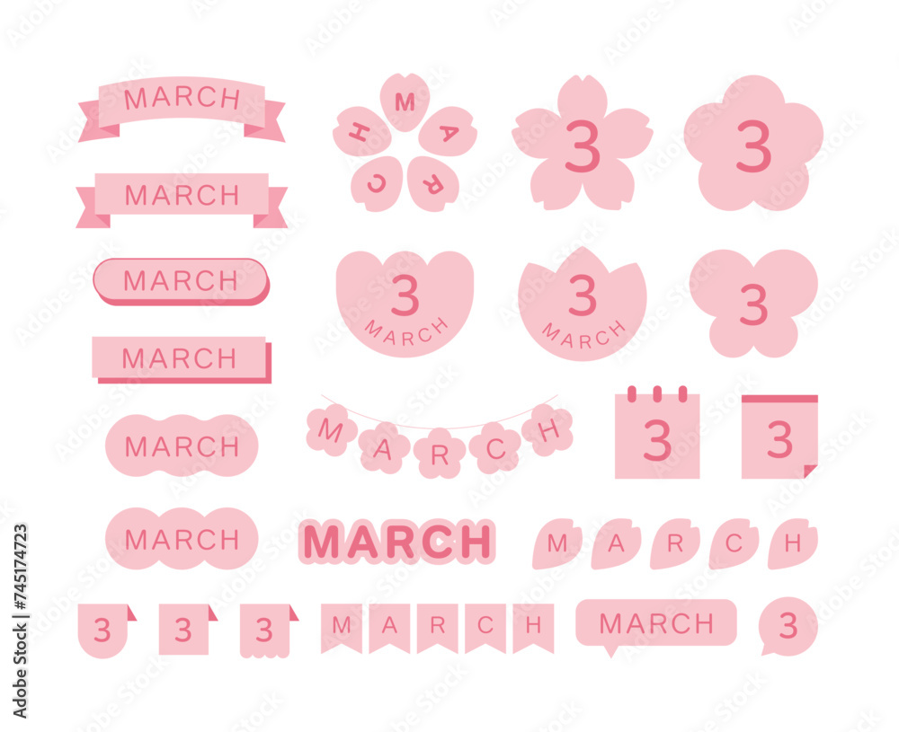 A set of pink decorative illustrations with a spring concept in March. Cherry blossom, flower, label, ribbon, garland, butterfly, calendar, note, speech bubble, tag, calendar shape design.