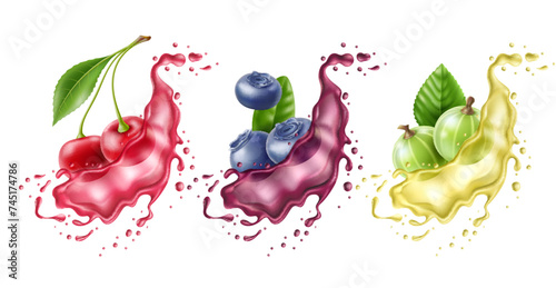 Juicy berries. Realistic cherry, blueberries and gooseberries and liquid splashes, fresh sweet fruits, product presentation and packaging design elements. Vector isolated set