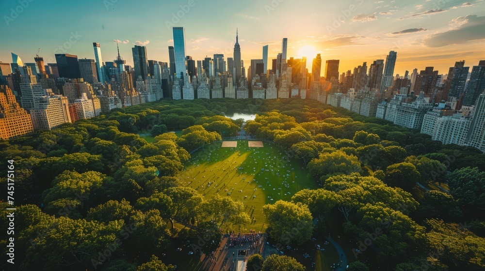 Aerial Helicopter Photo Over Central Park with Nature, Trees, People Having Picnic and Resting on a Field Around Manhattan Skyscrapers Cityscape. Beautiful Evening with Warm Sunset Light 