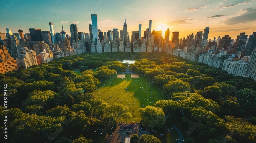Obraz premium Aerial Helicopter Photo Over Central Park with Nature, Trees, People Having Picnic and Resting on a Field Around Manhattan Skyscrapers Cityscape. Beautiful Evening with Warm Sunset Light 