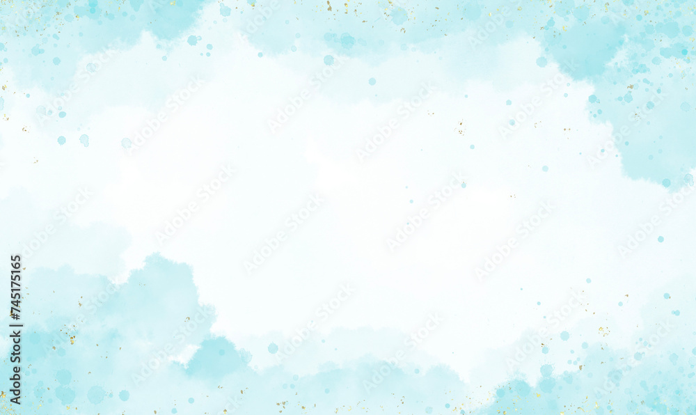 Abstract light sky blue watercolor background draw on white background and gold splashes effect. sky blue texture design template for birthday invite or card. Abstract light sky blue watercolor background draw on white background and gold splashes effect. sky blue texture design template for birthday invite or card.