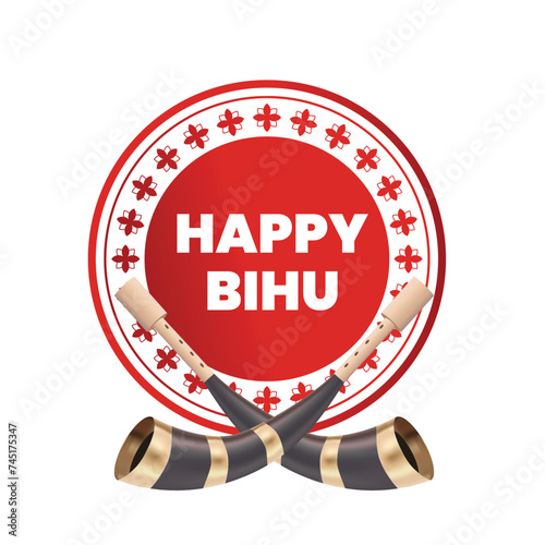 Greeting background with drum (dhol, onoinya) decorated with gamosa, japi (bamboo hat) and pepa (horn) for North Indian Assamese New Year (and harvest) festival Rongali (Bohag) Bihu. Vector. photo