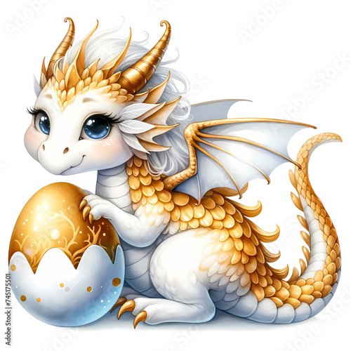 White Golden Dragon Fantasy Clipart, Watercolor Baby Dragon Clipart © C-Kav