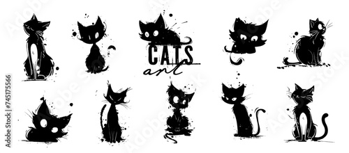 Cute cats art in different poses. Pets silhouettes, various kittens and tomcats, shown sitting and lying down. Vector collection of drawn cats with lots of details and artistic spots. © beoyou