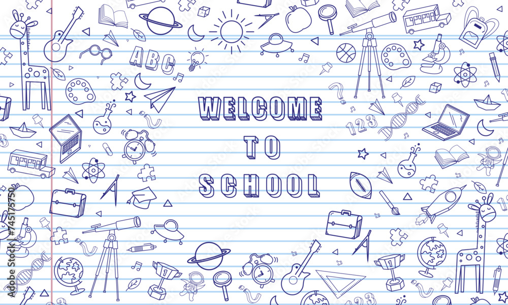 Blank white worksheet exercise book and welcome to school vector design.