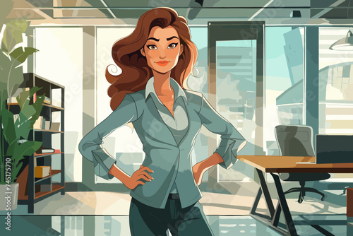 Business satisfied businesswoman standing in interior of office space. Cartoon style, vector