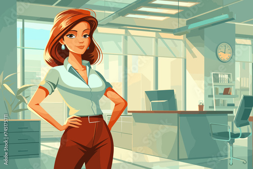 Business satisfied businesswoman standing in interior of office space. Cartoon style, vector