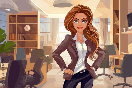 Business satisfied businesswoman standing in interior of office space. Cartoon style, vector