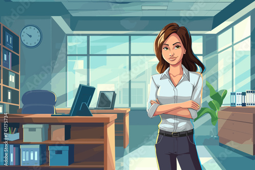 Business satisfied businesswoman standing in interior of office space. Cartoon style, vector