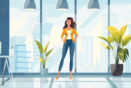 Business satisfied businesswoman standing in interior of office space. Cartoon style, vector