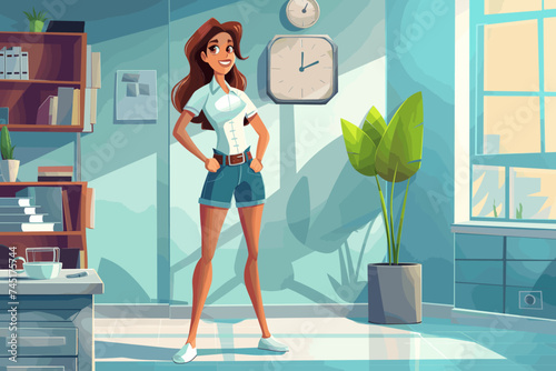 Business satisfied businesswoman standing in interior of office space. Cartoon style, vector
