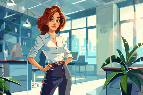 Business satisfied businesswoman standing in interior of office space. Cartoon style, vector